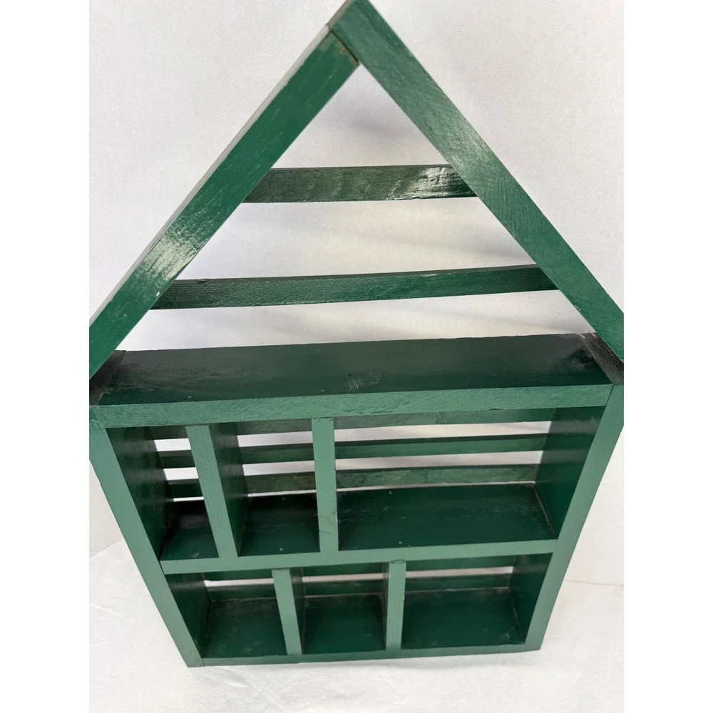 Vtg Green Granny Cottage Wooden House Shadow Box Wall Shelf Display Cubby 22.5in
